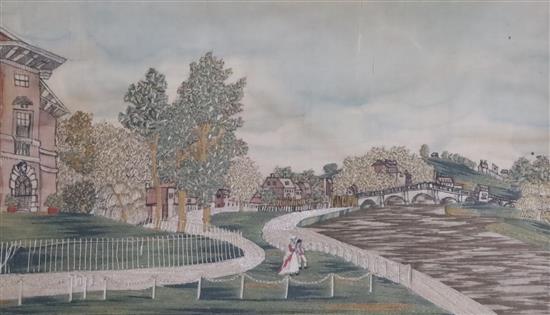 A pair of Regency watercolour and silkwork panels by Atherton of Cambridge depicting Richmond Bridge and Strawberry Hill